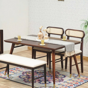 Wood Rattan Cane Dining Table